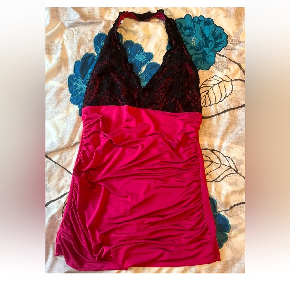 Dots Black Lace on Pink Top Nightie Dress Sise M